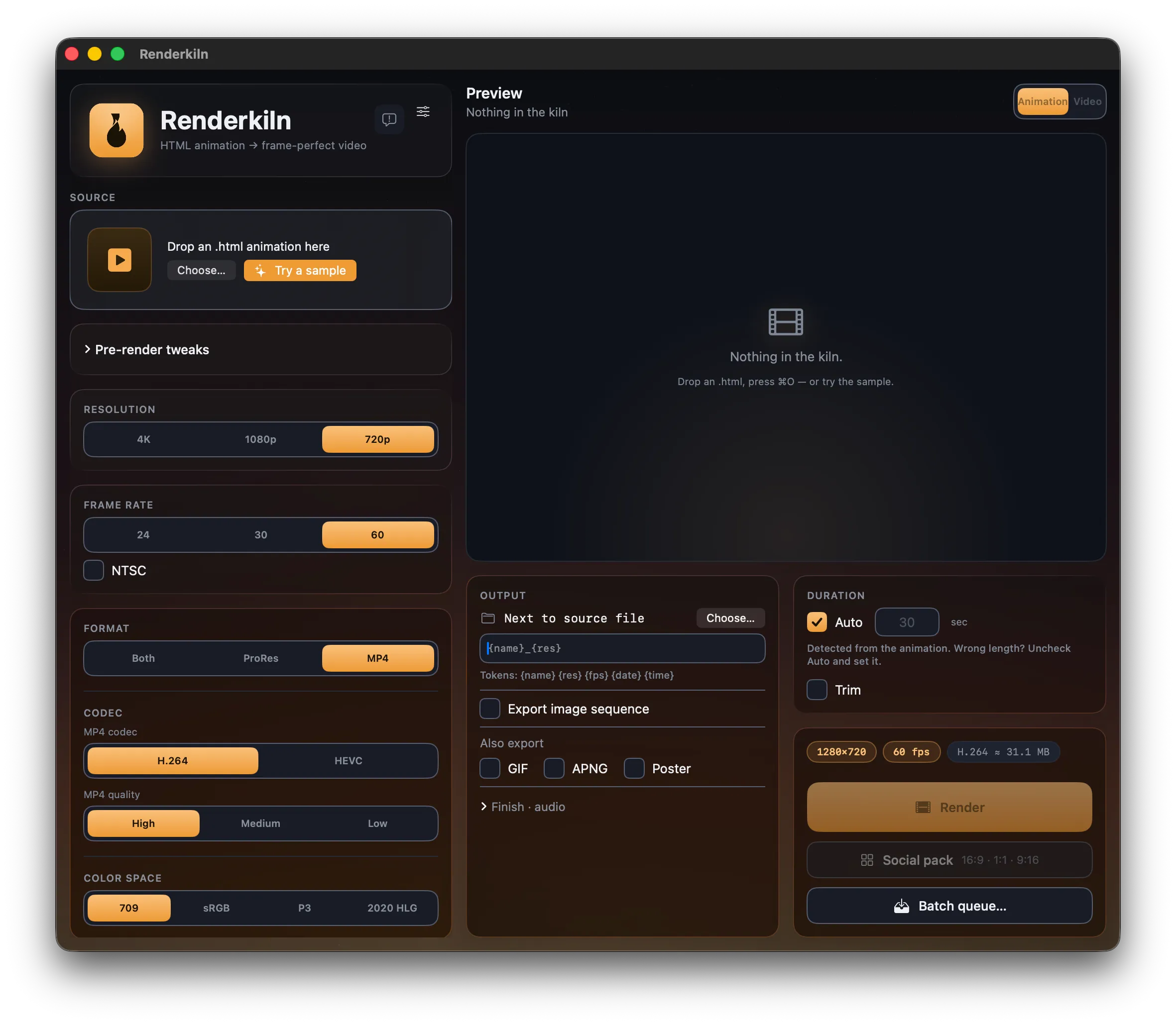 The Renderkiln app window — source file and pre-render tweaks in the left rail, the preview stage in the middle, and output, duration, and the ember Render button below.